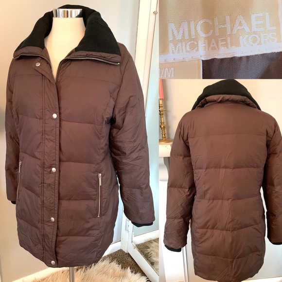 Michael Kors Down overcoat Quilted Coat Brown Black Medium Women’s Warm winter - Picture 1 of 14
